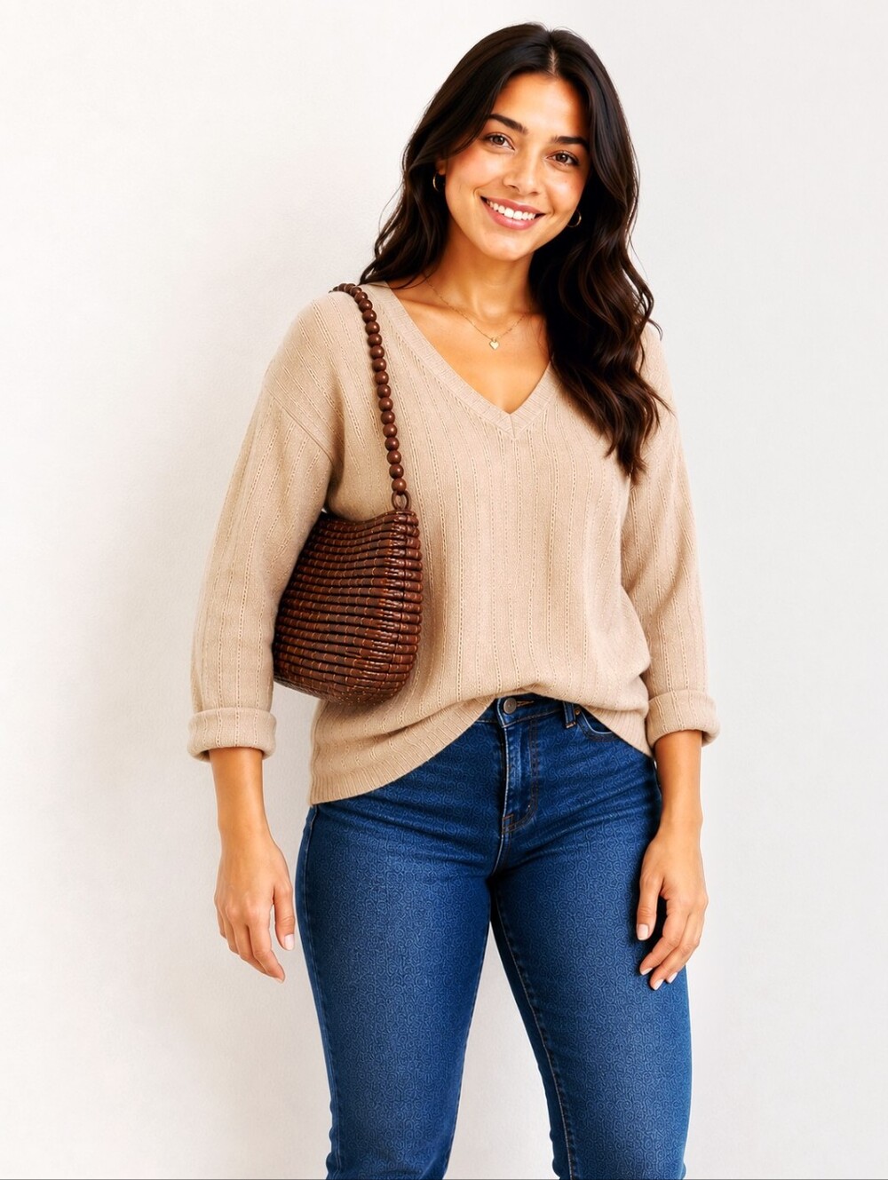Brown Straw Purse with Beaded Strap - Picture 1 of 8